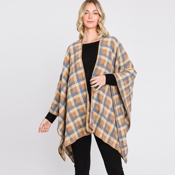 Plaid Check Patterned Ruana Poncho - Picture 2 of 2